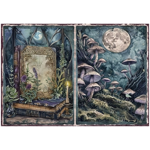 Detail of vintage moonlight garden collage paper featuring magical plants and mushrooms