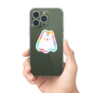Close-up of a clear phone case with a cute white cartoon character and rainbow edges