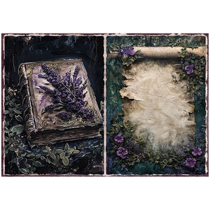 Detail of vintage moonlight garden scrapbooking paper with floral and old book motifs