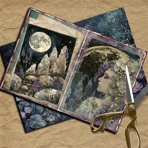 Macro view of vintage moon garden scrapbook paper with floral and moon art prints