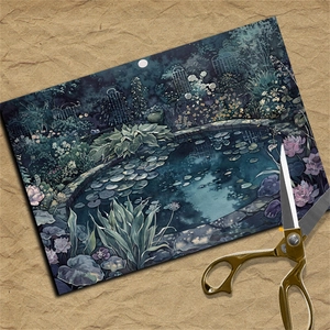 Vintage Moonlight Garden collage paper featuring water lilies with retro gold scissors