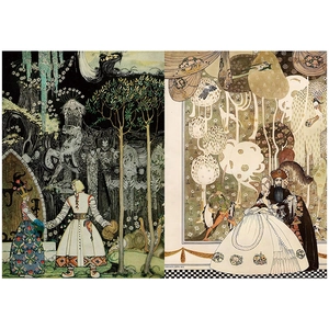 Detalle macro de las ilustraciones vintage de Kay Nielsen para papel de diario DIY