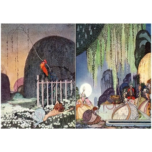 Detalle de collage de ilustraciones de fantasía vintage estilo Kay Nielsen