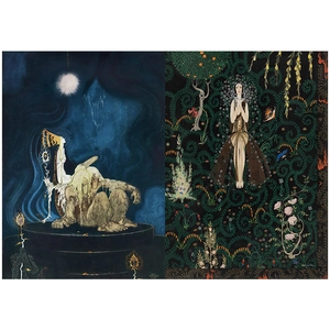 Detalle de papel de ilustración de fantasía vintage Kay Nielsen con corona dorada y flores
