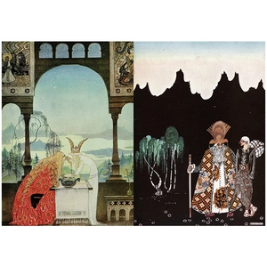 Detalle de ilustraciones de cuentos de hadas en papel decorativo para scrapbooking