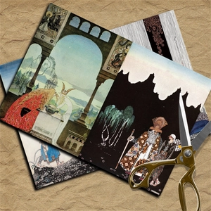 Vista macro de papel de ilustración de fantasía vintage con tijeras sobre papel kraft