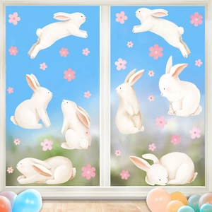 Osterhasen Fensteraufkleber mit weißen Kaninchen und rosa Blumen für Glasdekoration
