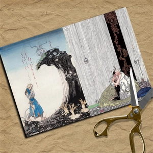 Detalle de papel de ilustración de fantasía vintage con arte de Kay Nielsen y tijeras