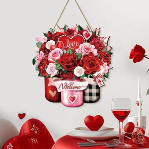 Valentine's Day wooden welcome sign with roses and love hearts for home door decor