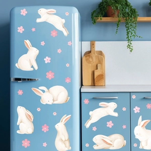 Osterhasen statische PVC Fensteraufkleber mit weißen Kaninchen und rosa Blumen für Zuhause