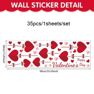 Detailed 90x30cm sheet layout of 35 red heart stickers for Valentine's Day wall decor