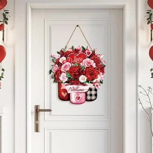 Valentine wooden welcome door sign featuring floral jars and heart motifs on white door