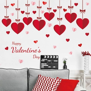 Happy Valentine's Day wall stickers with red hearts and bows for romantic home party decor