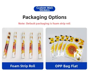 Detail of sunflower wall stickers showing roll packaging with foam and OPP bag options