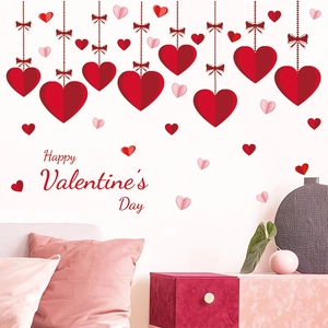 Red heart wall decals with bows for Valentine's Day party bedroom decoration