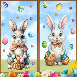 Stickers de fenêtre de Pâques avec lapins, œufs colorés et fleurs printanières pour enfants