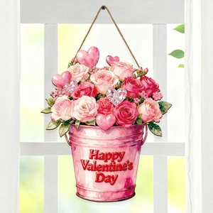 Detail of wooden Valentine door sign featuring pink flower bucket and heart motifs