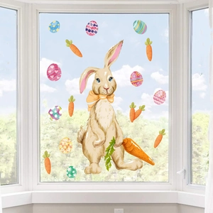 Easter Window Stickers PVC Static Cling Cartoon Bunny Colorful Eggs Carrot Decals For Glass Window Holiday Home Decor