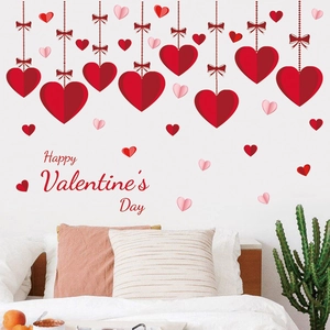 Romantic red heart wall decals with Happy Valentine's Day text for home bedroom decor