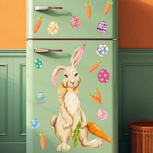Easter bunny and colorful egg static PVC window decals displayed on a mint green fridge