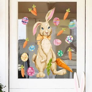 Easter bunny and colorful eggs static PVC window stickers for holiday glass decoration