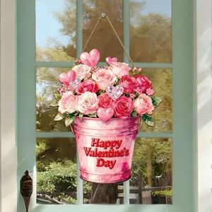 Detail of wooden Valentine heart door sign with pink roses and hanging twine cord