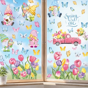 Spring Gnome Window Stickers PVC Static Cling Floral Butterfly Decals For Glass Window Decoration Easter Home Decor Stickers
