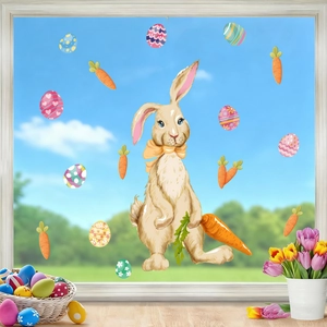 Easter glass window static stickers set with cartoon rabbit, colorful eggs and carrots