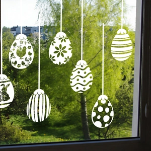 Ostereier Fensteraufkleber in Weiß mit Hasen- und Blumenmustern für festliche Dekoration