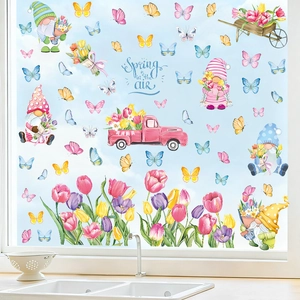 Spring gnome window clings with floral cart and butterfly decorations for glass decor