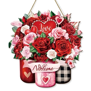 Welcome door sign featuring wooden floral heart jars and roses for farmhouse wall decor