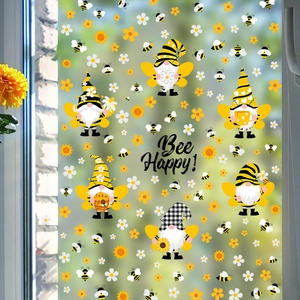 Bee Happy window stickers featuring garden gnomes, bees and daisies for glass decoration