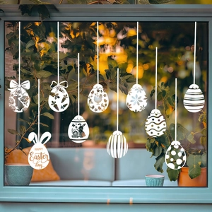 Weiße Ostereier Fensteraufkleber PVC Statische Haftung Hase Blumenmuster Für Glastür Schaufenster Feiertag Heimdekor