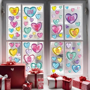 Stickers de fenêtre statiques en forme de cœur coloré avec phrases d'amour romantiques
