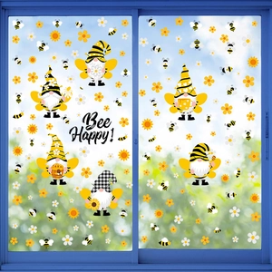 Spring Bee Happy window stickers with cute gnomes and yellow flowers for home decor