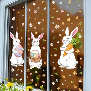Easter window clings featuring cute bunnies, colorful eggs and flower stickers for decor