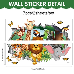 Detail view of 2-sheet cartoon jungle animal wall sticker set with 30x90cm dimensions