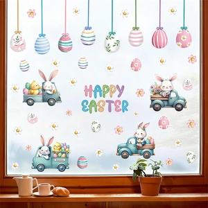 Oster Fensteraufkleber mit Hasen im Eier-LKW und Happy Easter Text auf Glasdekor