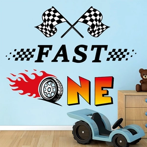 Racing car wall decals with checkered flags and FAST ONE text for boys bedroom decor