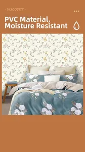 Close-up of waterproof PVC floral wallpaper with yellow and purple flowers on bedroom wall