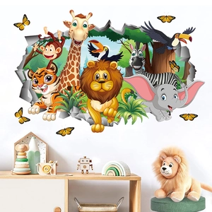 3D cartoon jungle animal wall decals with giraffe and lion for kids room decor