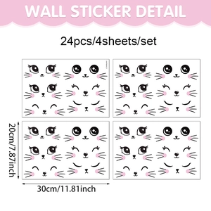 Detail view of 24 cartoon cat face stickers with dimensions of 30x20 cm per sheet