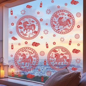2026 Année Du Cheval Sticker Fenêtre Style Chinois Rouge Adhérence Statique PVC Papier Découpé Décoration