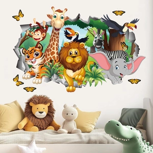 3D tropical jungle animal wall decals with giraffe and elephant for kids room decor