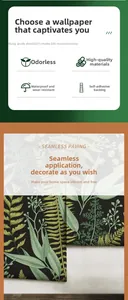 Detail of waterproof dark green plant wallpaper with self-adhesive backing features
