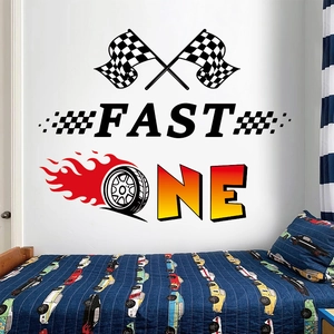 Racing themed wall decals with checkered flags and fire tire for boys bedroom decoration