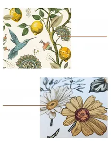 Detail of waterproof PVC wood grain wallpaper with premium texture and floral patterns