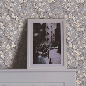 Vintage floral wallpaper with beige flowers on light grey background for living room