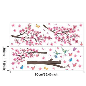 Détails des planches de stickers muraux avec cerisiers roses, colibris et papillons