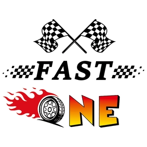 Racing themed wall decals featuring checkered flags and flaming wheels with Fast One text